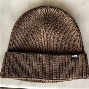 HUGO BOSS Mens Ribbed Brown Knit Cuff Beanie